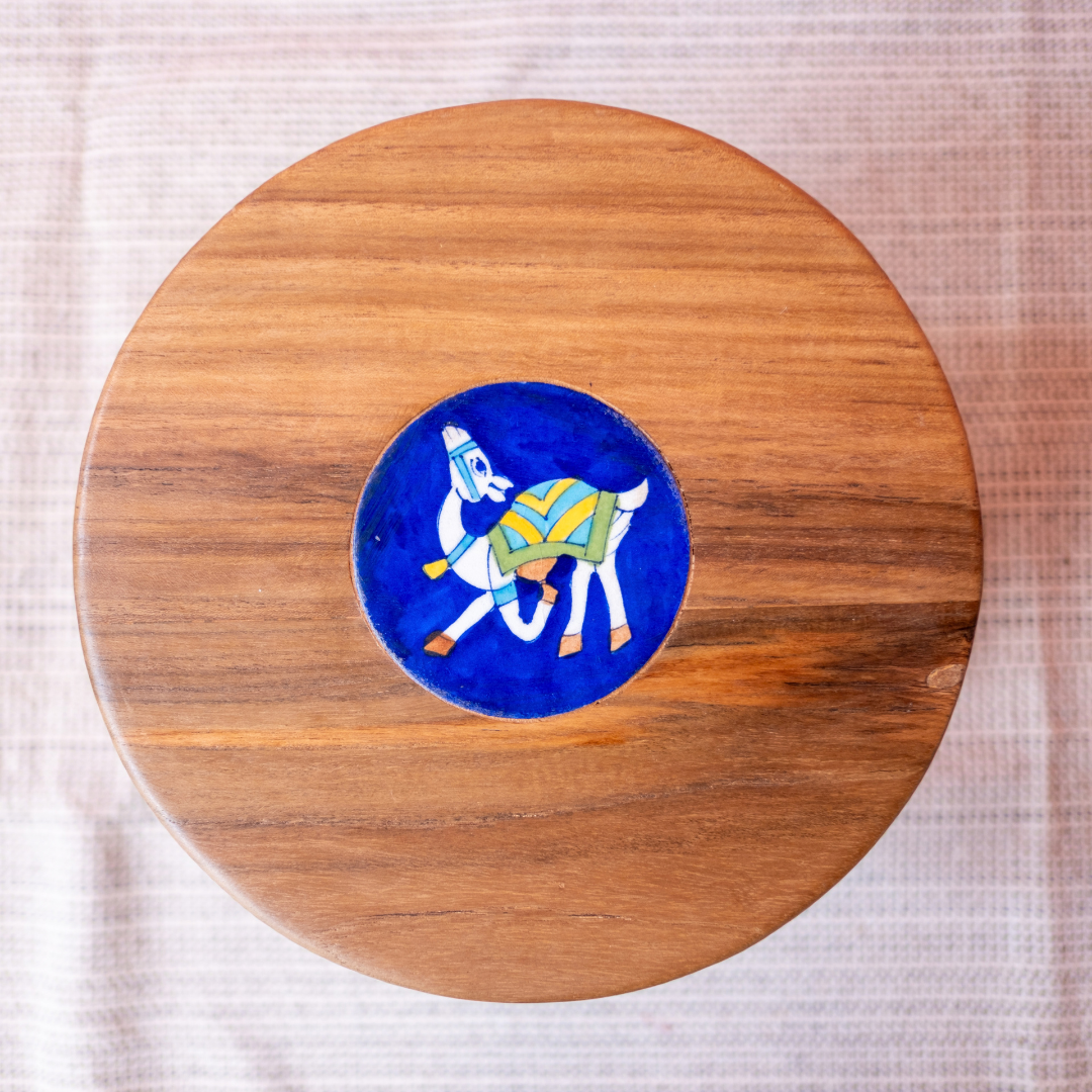 Teak x Blue Pottery Tile Stool
