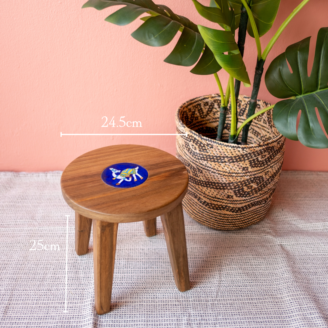 Teak x Blue Pottery Tile Stool