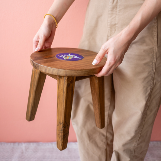 Teak x Blue Pottery Tile Stool